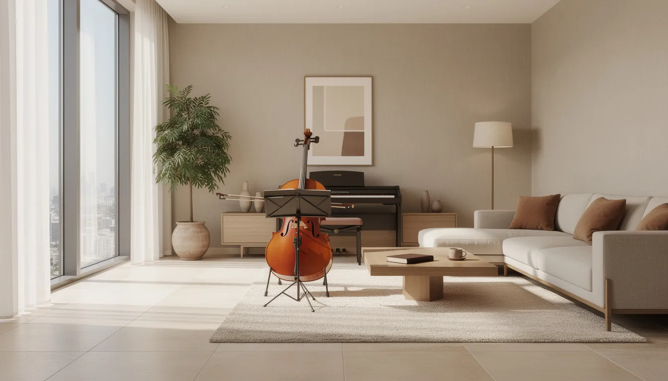 A comfortable home setting for a cello lesson in Dubai.