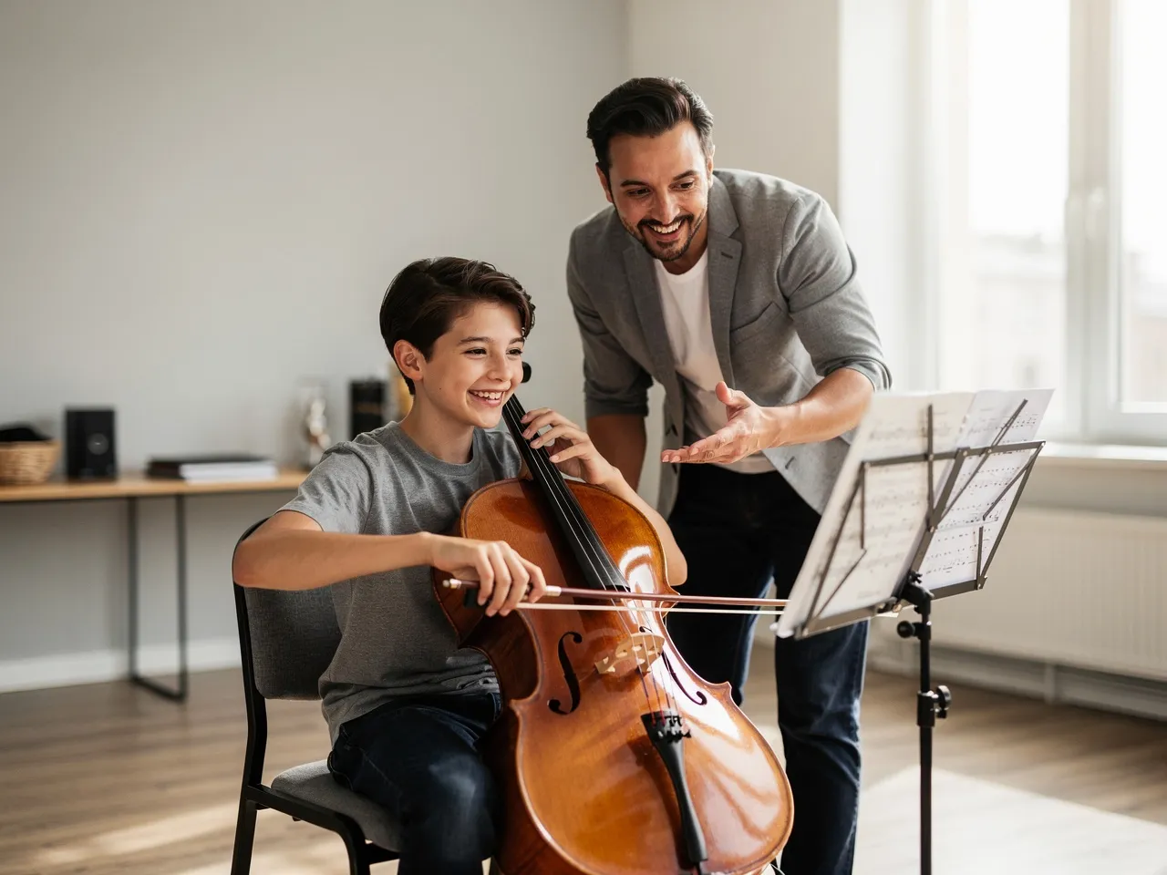 Student enjoying a cello lesson with an encouraging instructor.