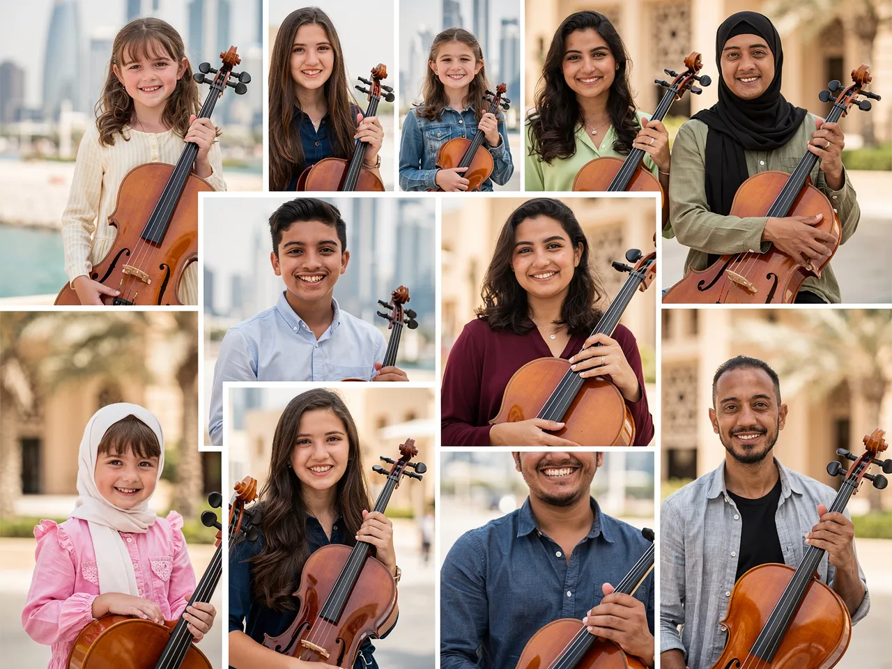 Diverse students in Dubai with their cellos.