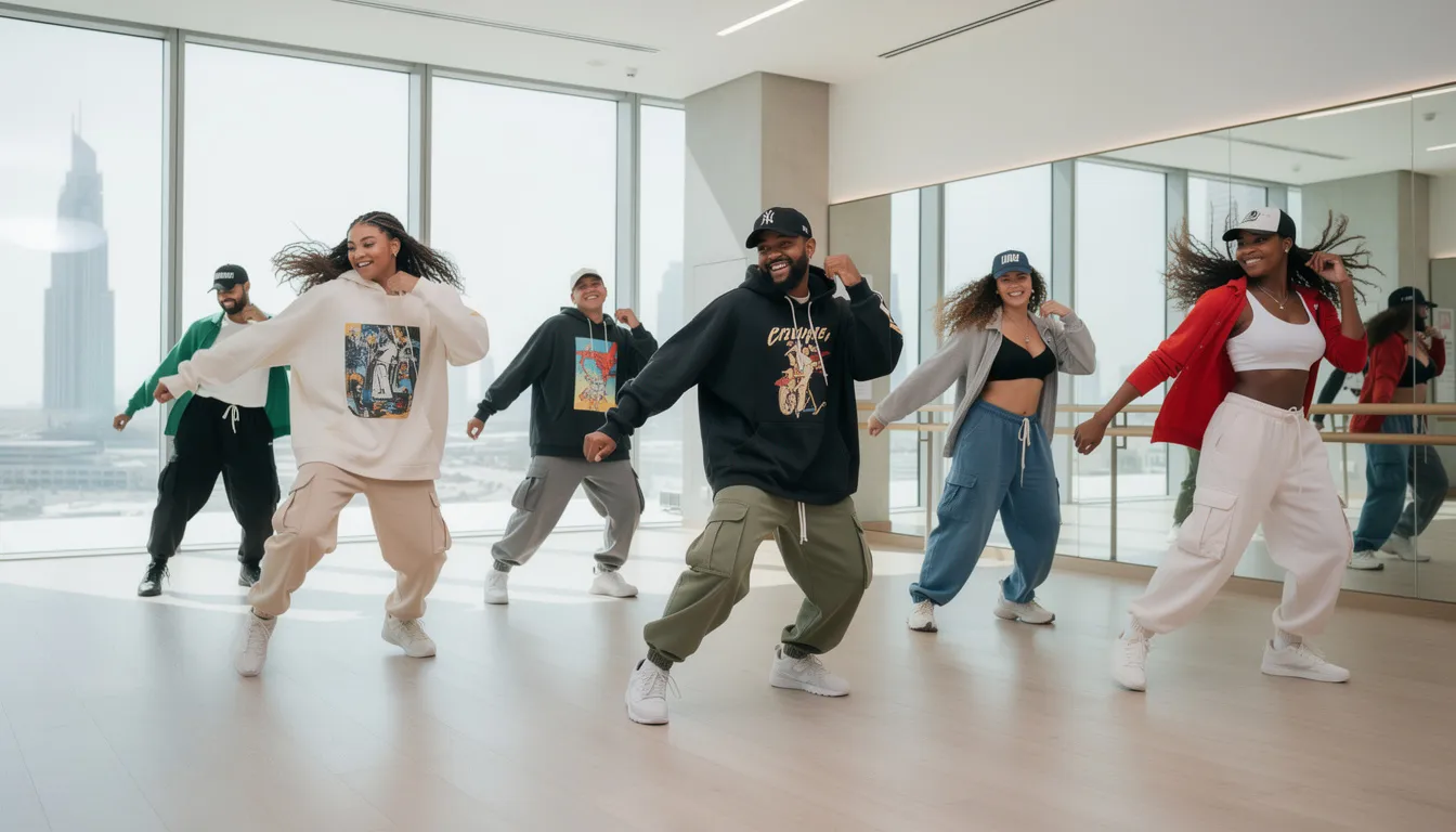 Group of people performing hip hop dance in a Dubai studio