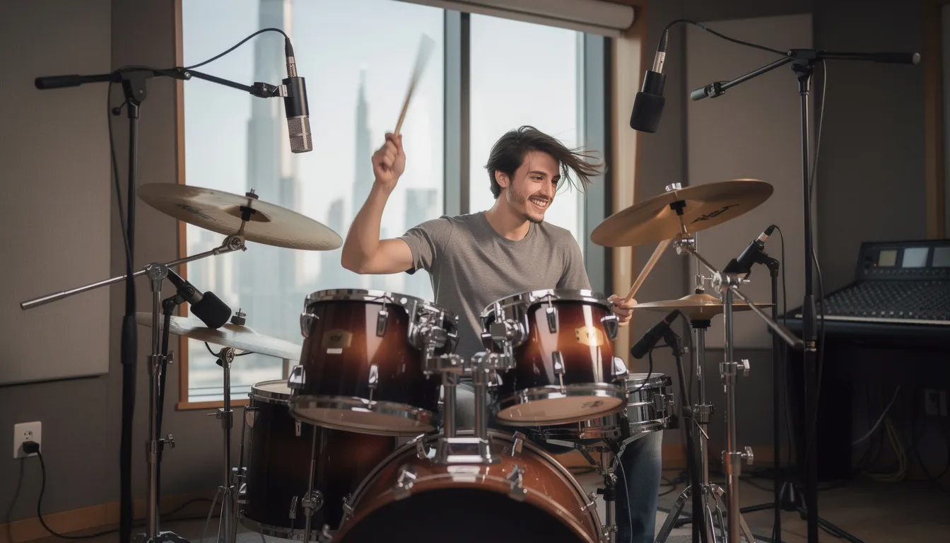 Young adult playing a drum kit with energy in a Dubai studio.
