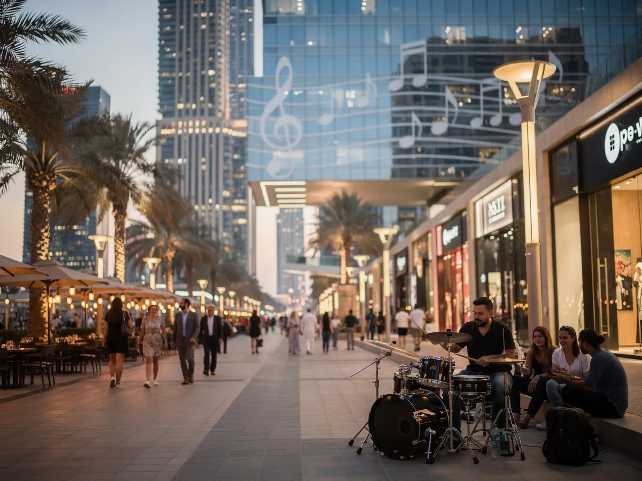 Vibrant Dubai street scene with subtle musical elements.