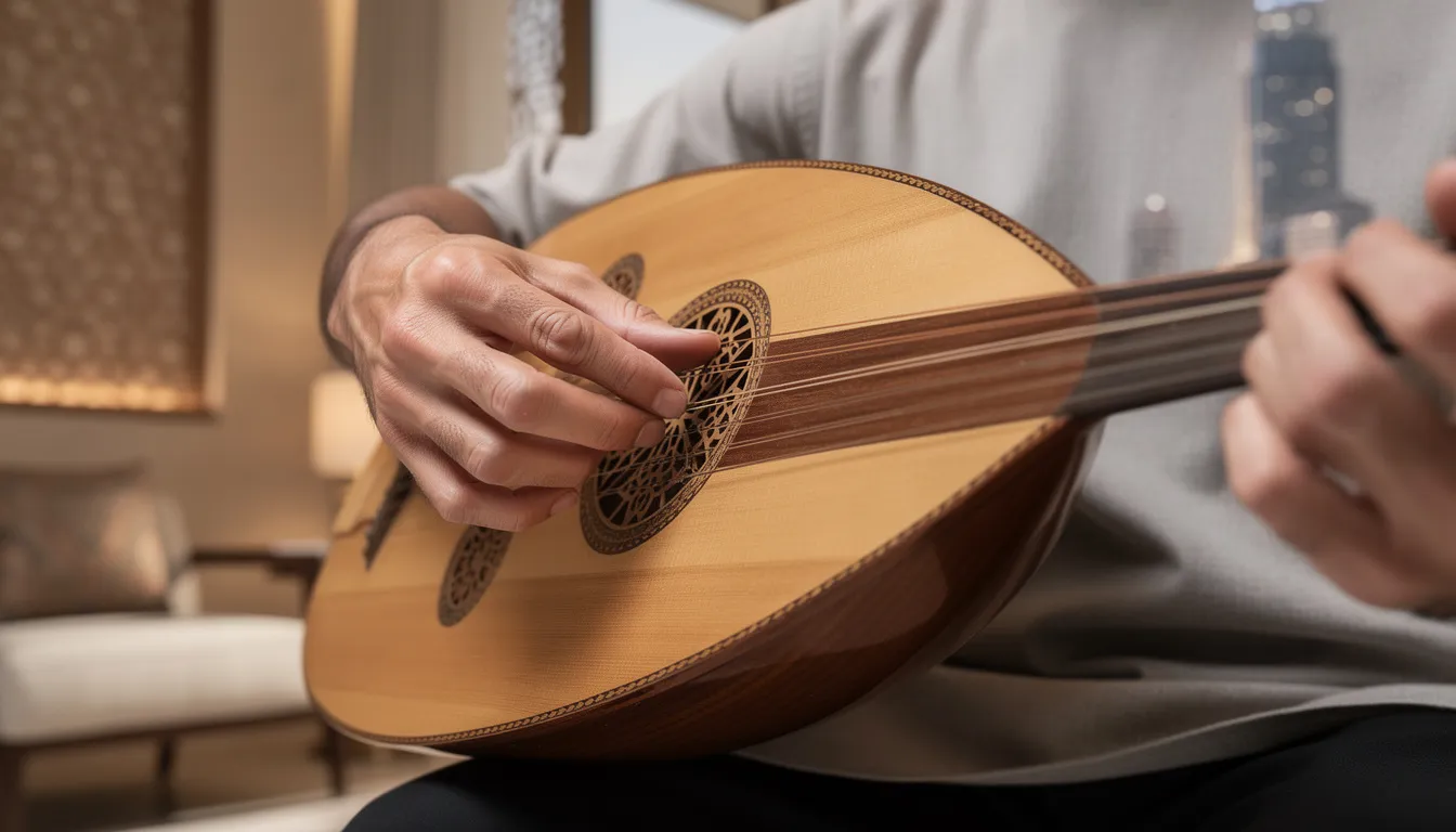 Close-up of hands playing the Oud in Dubai.