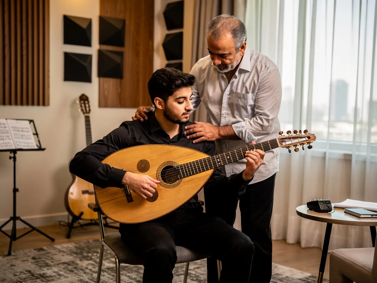 Oud instructor teaching a student proper technique.