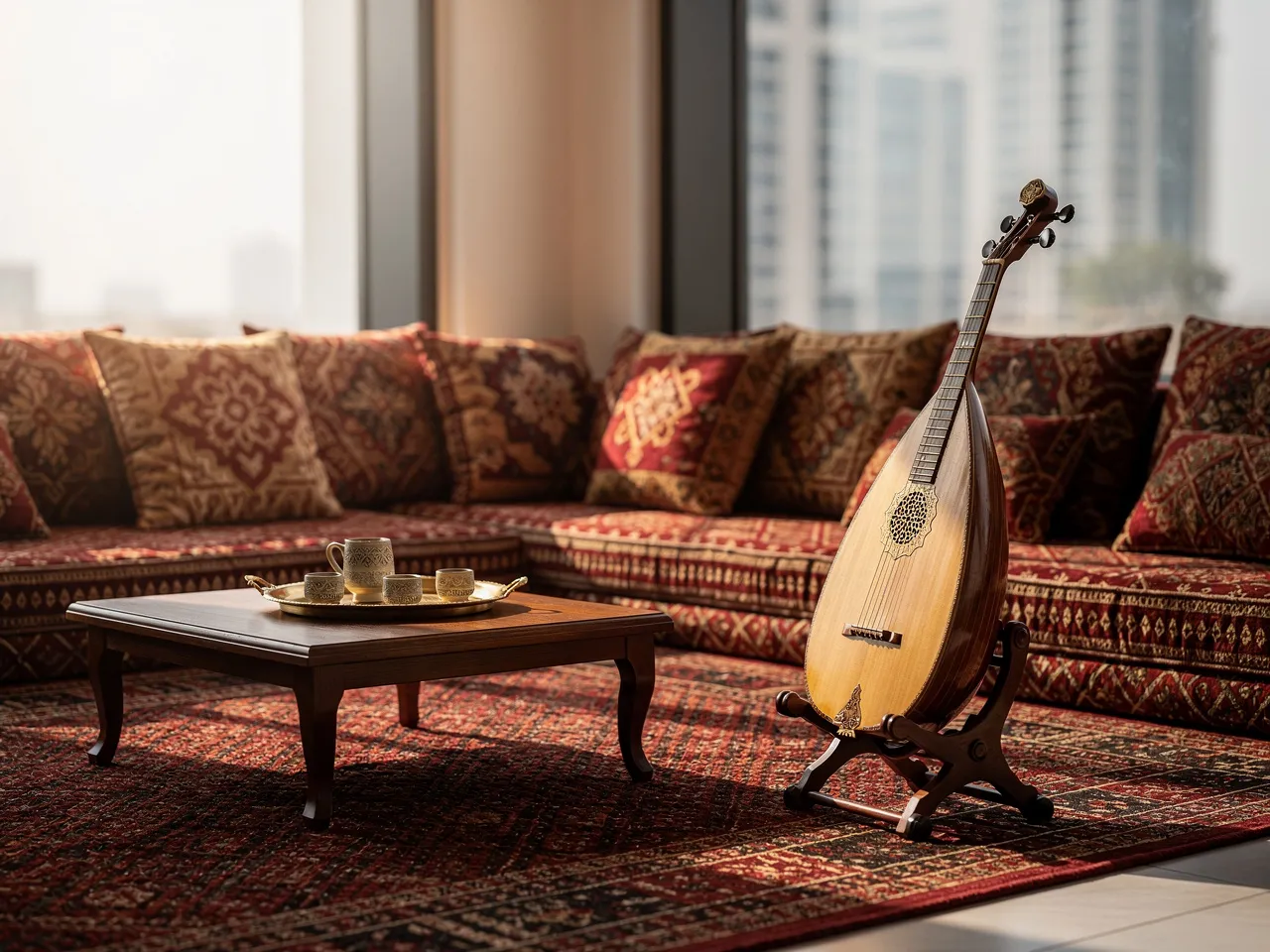 Traditional Dubai setting with an Oud, symbolizing cultural learning.
