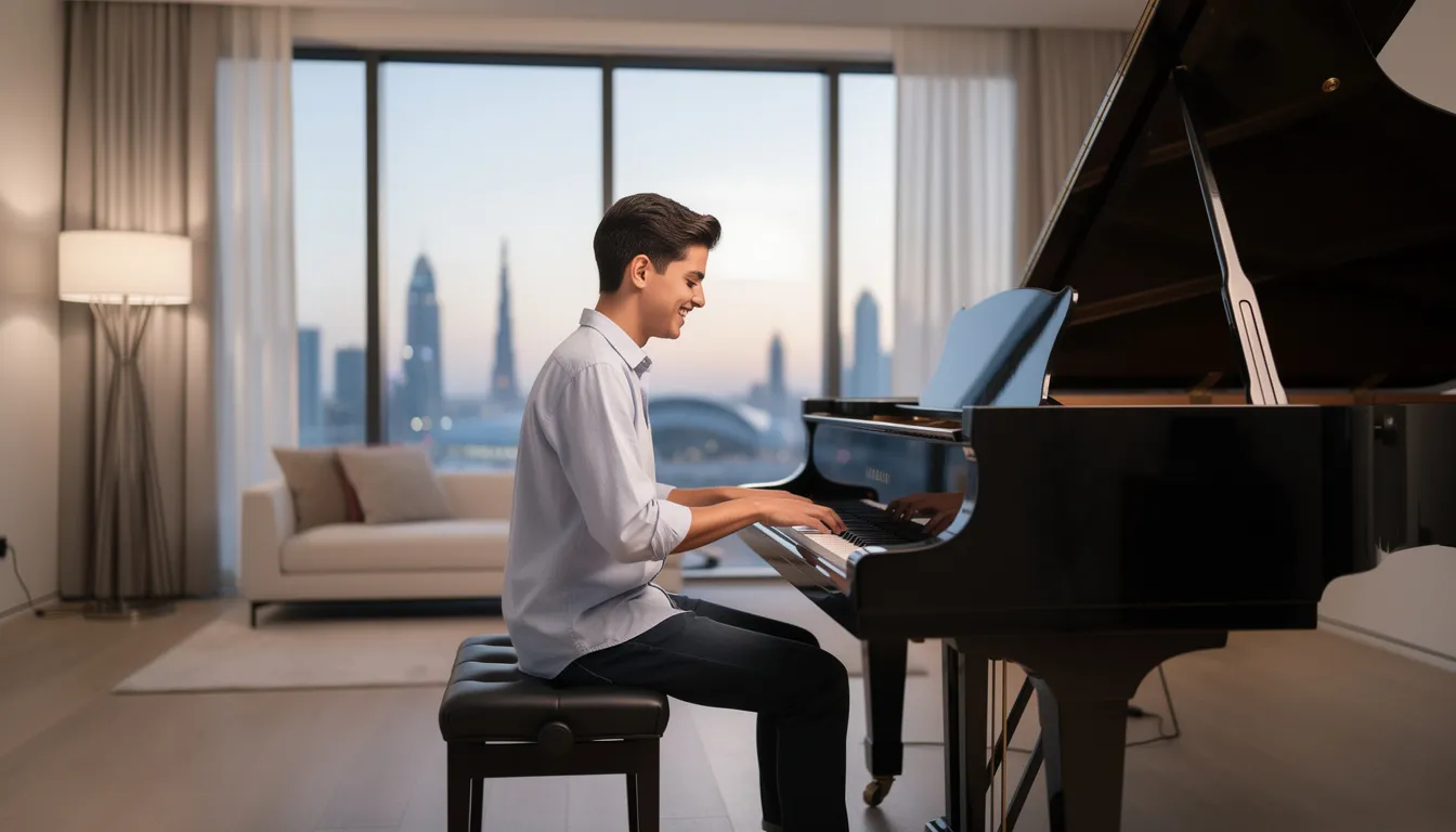 People enjoying piano lessons in a modern Dubai music hall.