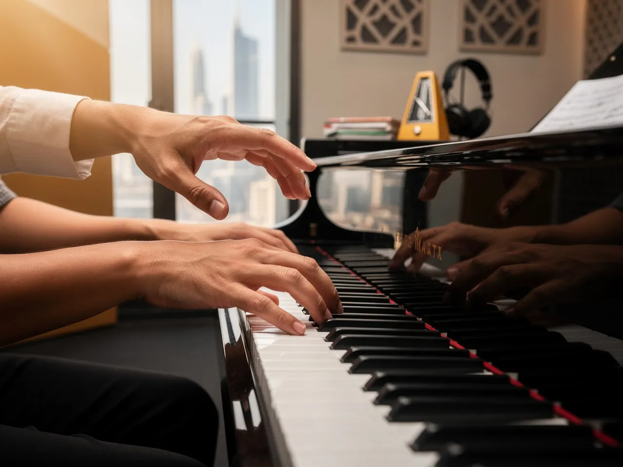 Student's hands playing piano with instructor nearby.