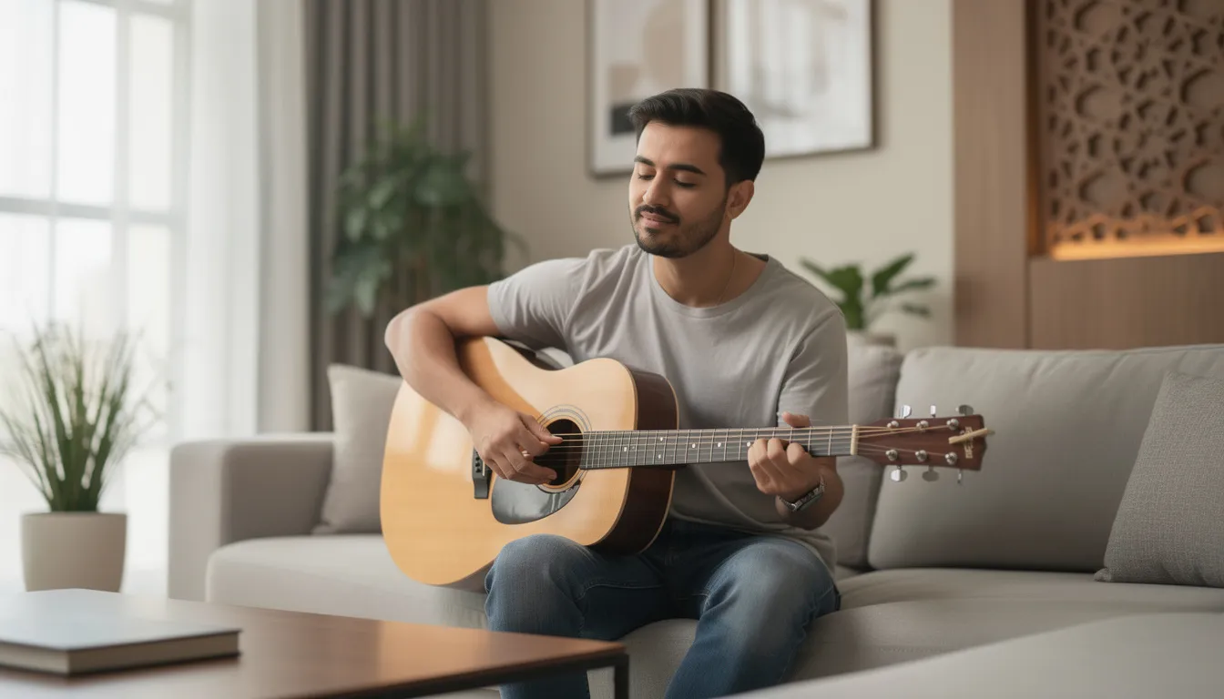 Person playing acoustic guitar in a Riyadh home
