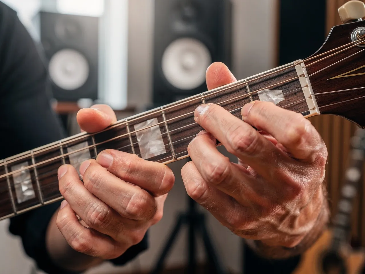 Guitar instructor showing finger placement to student