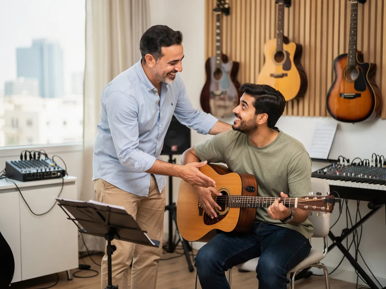 Guitar instructor and student in a Riyadh music studio