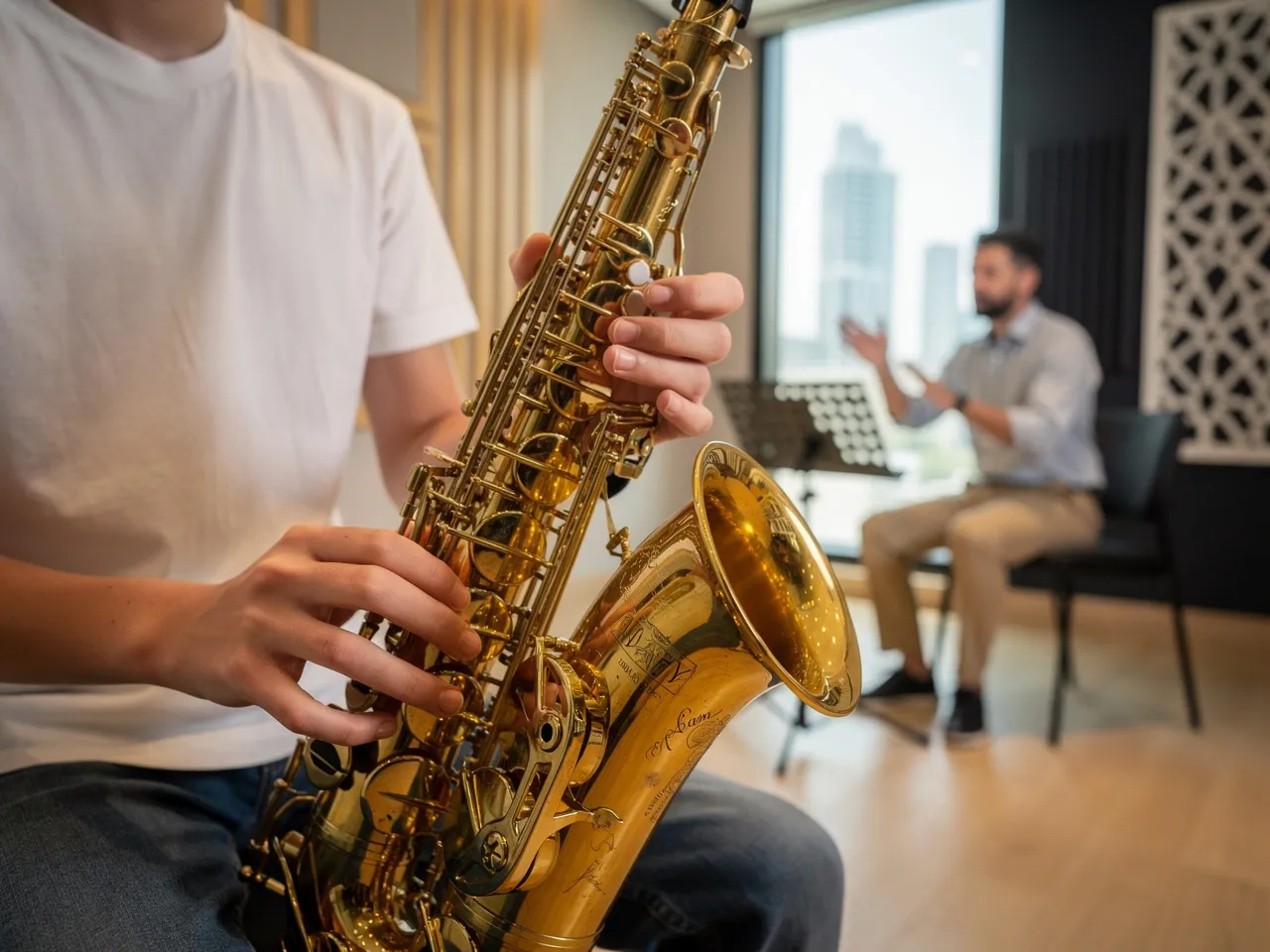 Detailed view of a saxophone during a lesson