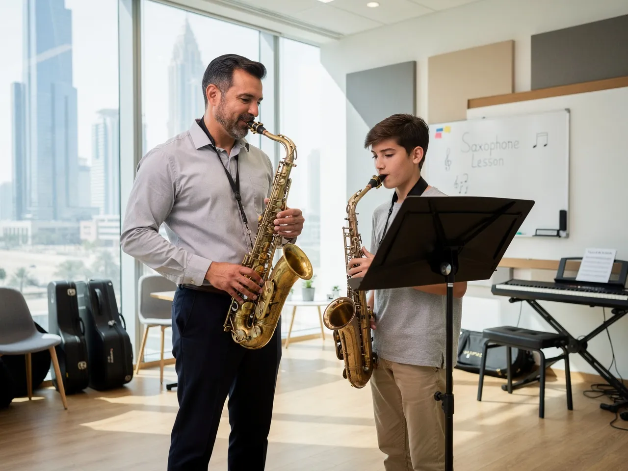 Saxophone instructor teaching a student in Dubai