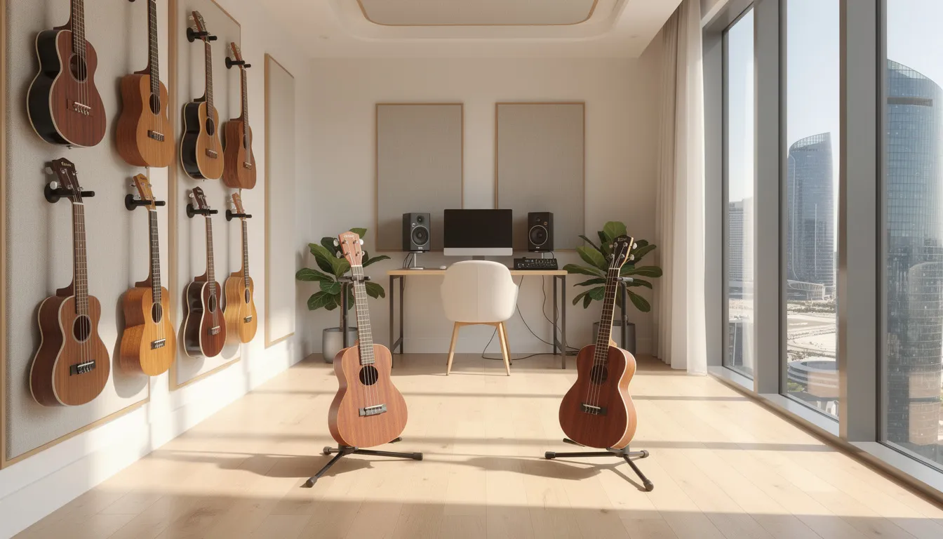 A bright music studio in Dubai featuring ukuleles.