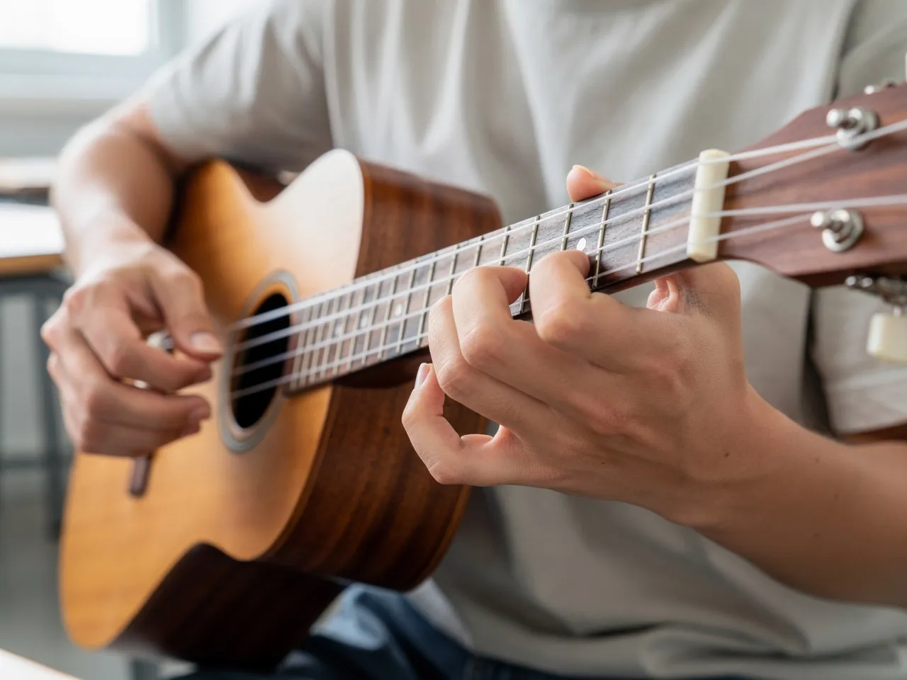 Close-up of hands playing a ukulele.