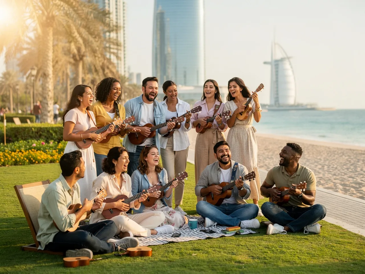 People enjoying a ukulele jam session in a Dubai park.